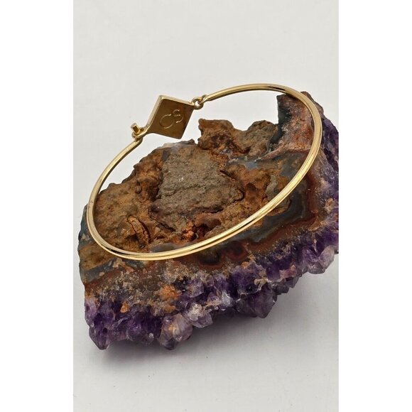 Vintage CS Gold Tone Hinged Wire Teal Clasp Bangle Bracelet Minimalist Jewelry - Picture 2 of 2